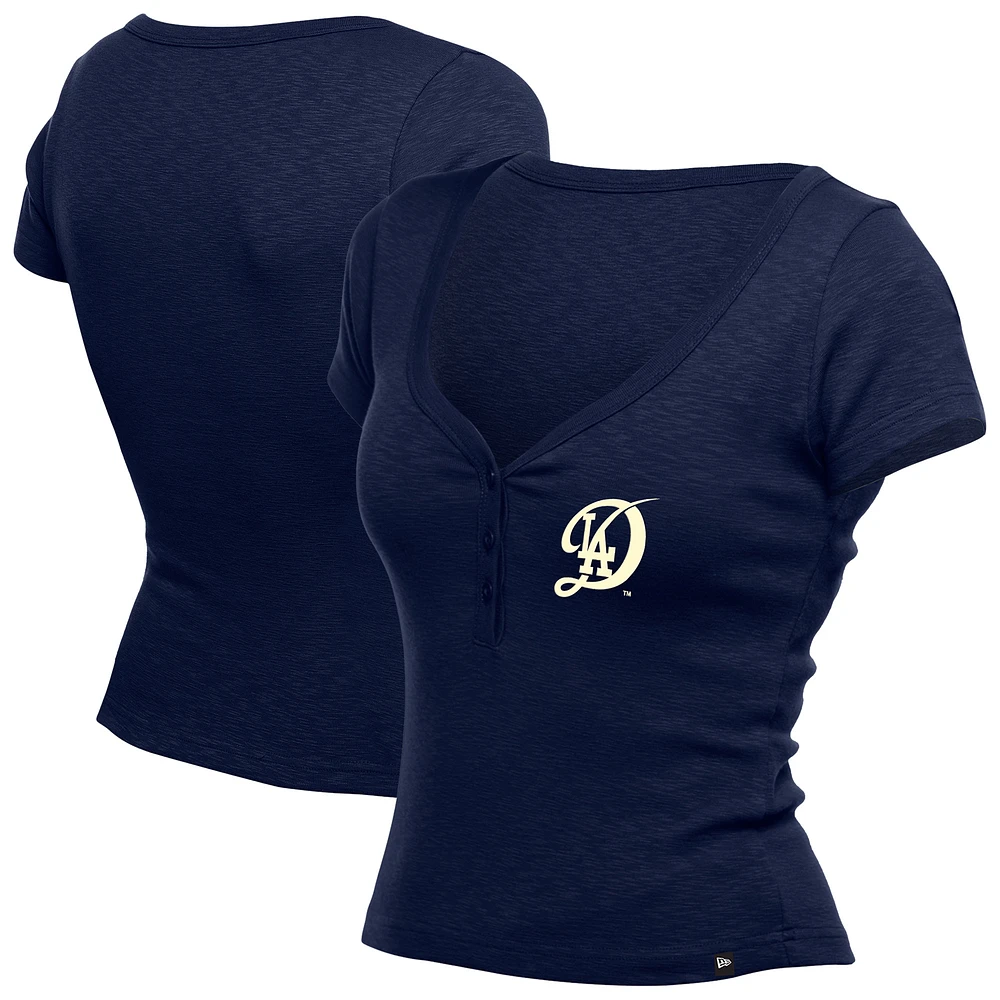 Women's New Era  Navy Los Angeles Dodgers Cropped Summer City Connect V-Neck T-Shirt