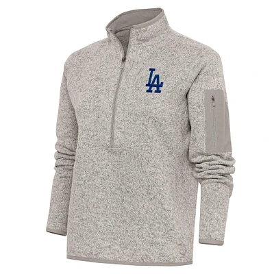 Women's Antigua Oatmeal Los Angeles Dodgers Logo Fortune Quarter-Zip Pullover Jacket