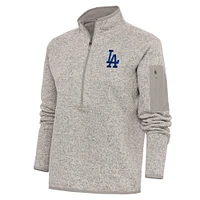 Women's Antigua Oatmeal Los Angeles Dodgers Logo Fortune Quarter-Zip Pullover Jacket