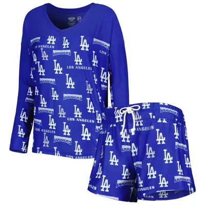 Los Angeles Dodgers Concepts Sport Women's Flagship Long Sleeve V-Neck  T-Shirt & Pants Sleep Set - White/Royal