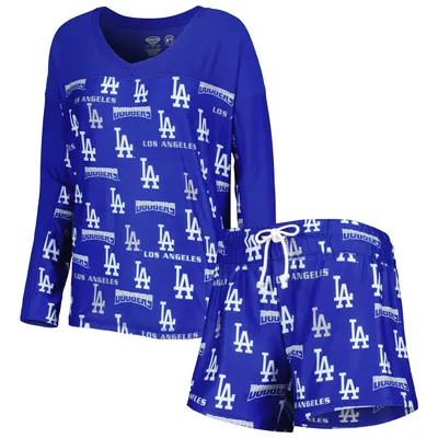 Women's Concepts Sport White/Royal Los Angeles Dodgers Flagship Long Sleeve V-Neck T-Shirt & Pants Sleep Set