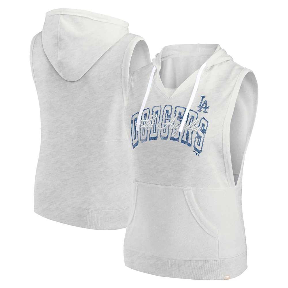 Women's Fanatics Ash Los Angeles Dodgers Lounge Script Sleeveless Pullover Hoodie