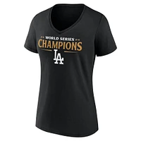 T-shirt à col en V noir fanatiques pour femmes avec maillot des champions de la série mondiale 2024 Los Angeles Dodgers