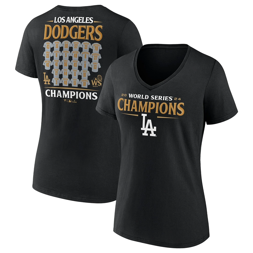 T-shirt à col en V noir fanatiques pour femmes avec maillot des champions de la série mondiale 2024 Los Angeles Dodgers