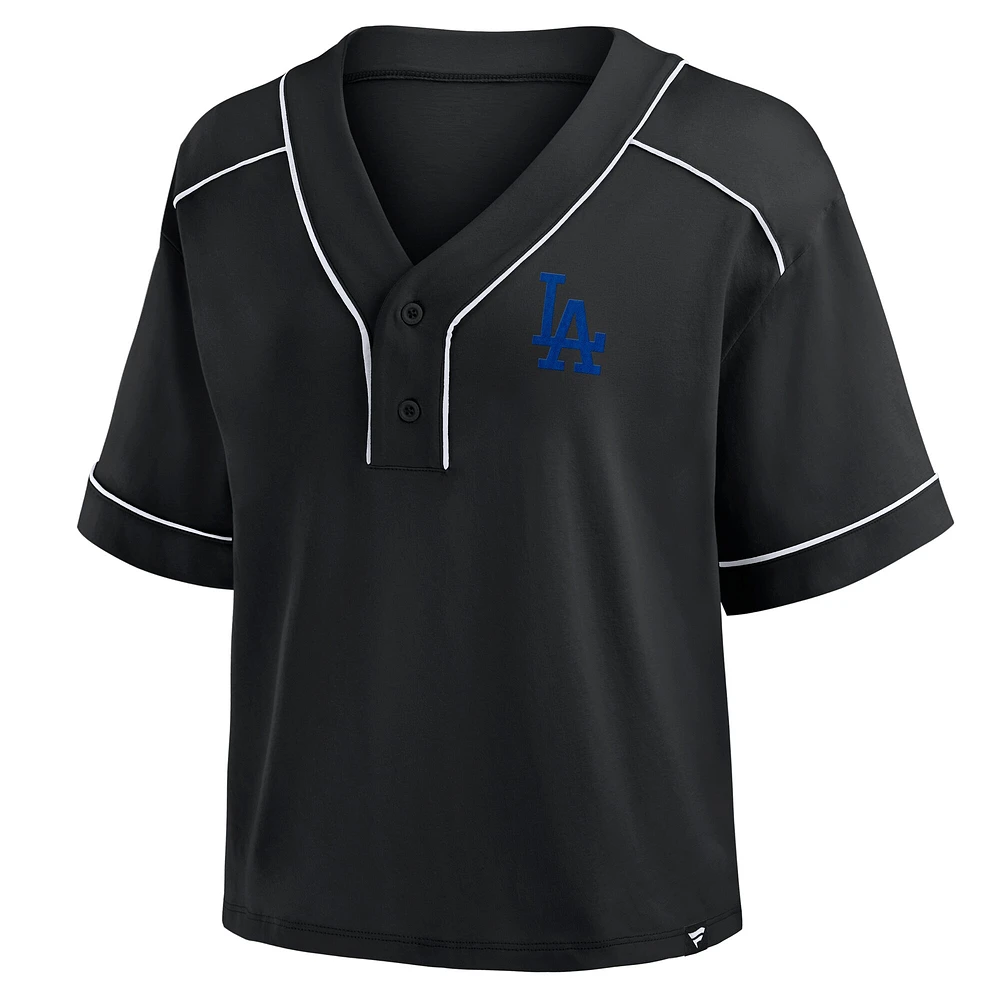 T-shirt court à col en V surdimensionné noir des Los Angeles Dodgers Fanatics pour femme