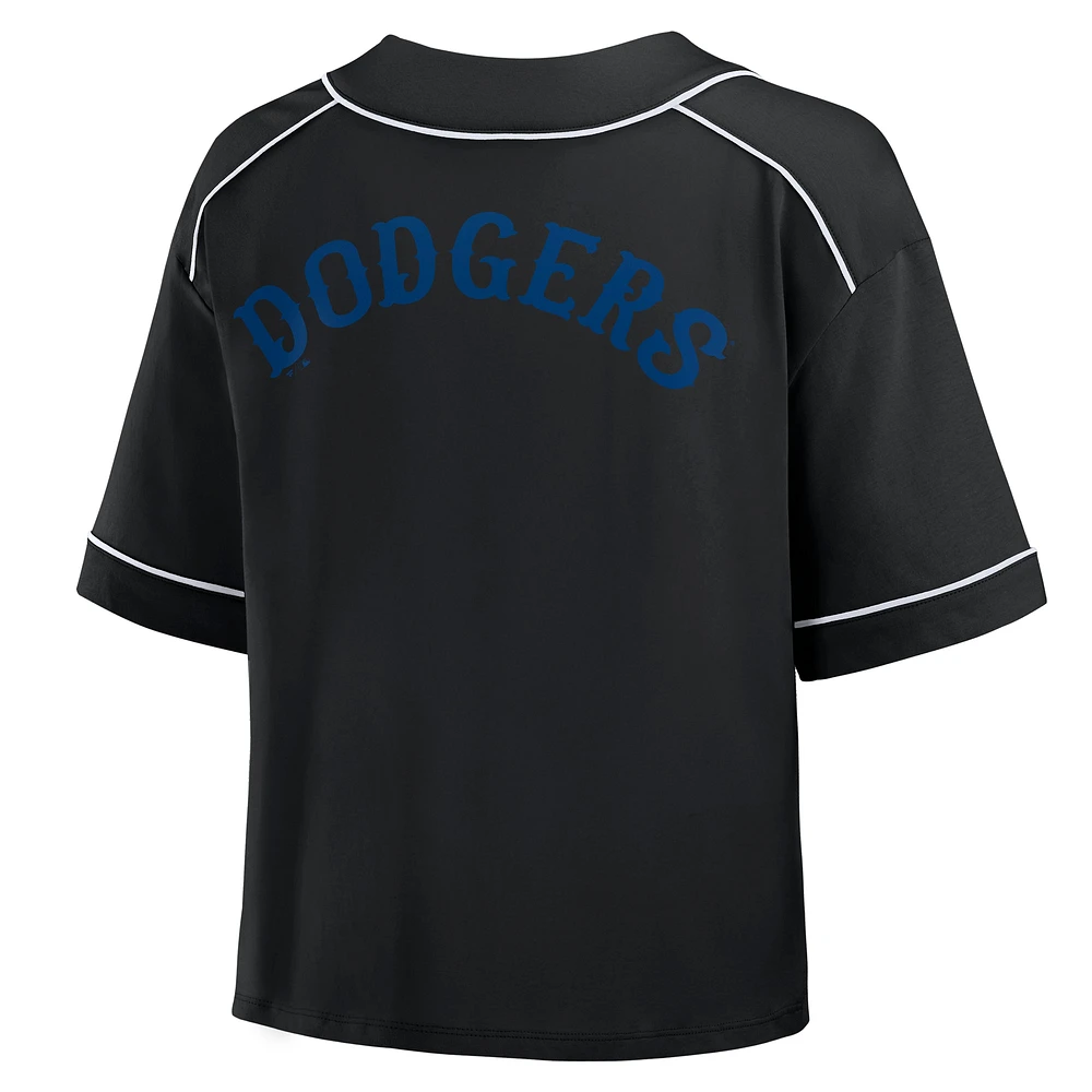 T-shirt court à col en V surdimensionné noir des Los Angeles Dodgers Fanatics pour femme