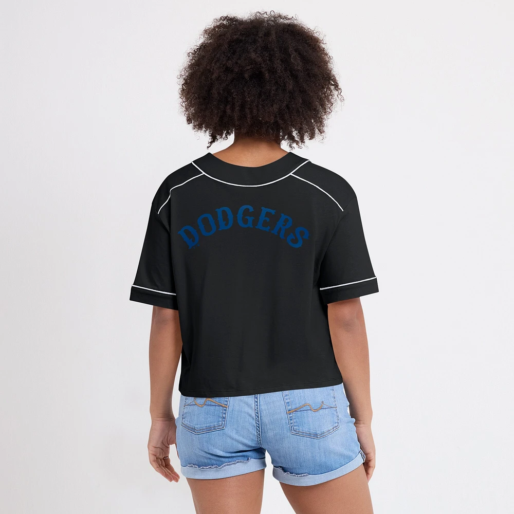 T-shirt court à col en V surdimensionné noir des Los Angeles Dodgers Fanatics pour femme