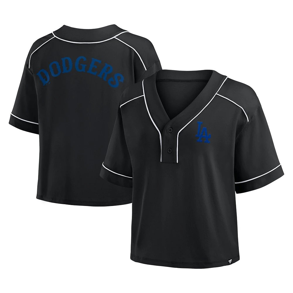 T-shirt court à col en V surdimensionné noir des Los Angeles Dodgers Fanatics pour femme
