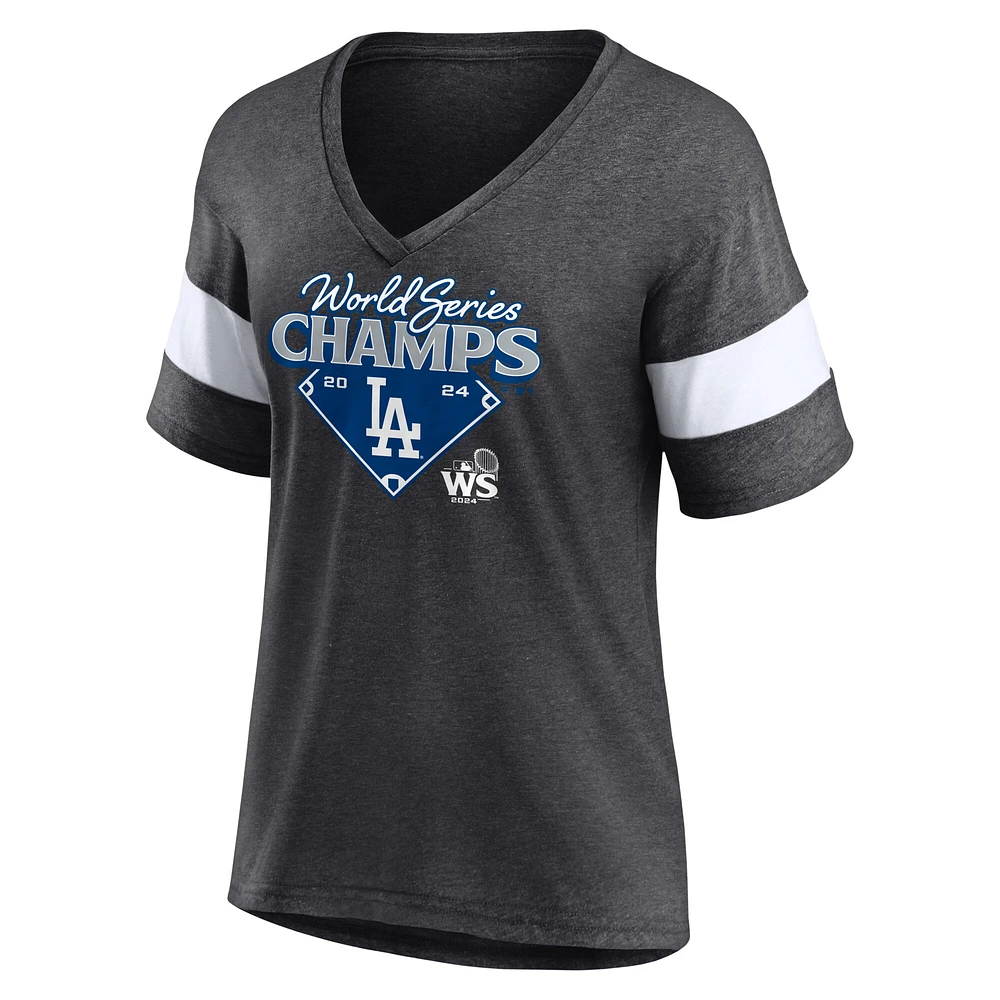 Women's Fanatics Heather Charcoal Los Angeles Dodgers 2024 World Series Champions Hitting Streak V-Neck T-Shirt