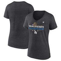 T-shirt col en V Fanatics Heather Charcoal pour femmes Los Angeles Dodgers Champions de la Série mondiale 2024