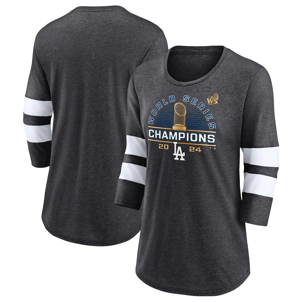 T-shirt à manches 3/4 en mélange de trois couleurs pour femmes Fanatics Heather Charcoal Los Angeles Dodgers Champions la Série mondiale 2024 Wild Pitch
