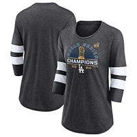 T-shirt à manches 3/4 en mélange de trois couleurs pour femmes Fanatics Heather Charcoal Los Angeles Dodgers Champions la Série mondiale 2024 Wild Pitch