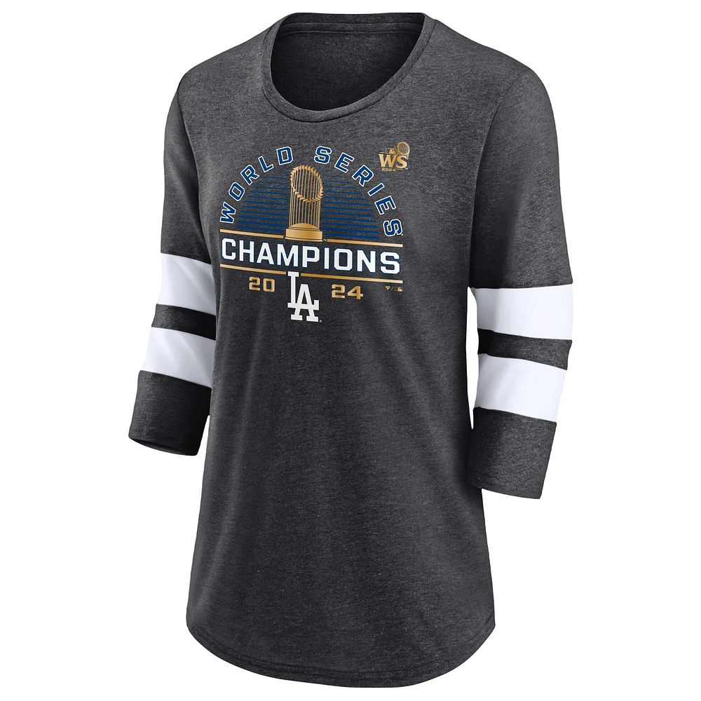 T-shirt à manches 3/4 en mélange de trois couleurs pour femmes Fanatics Heather Charcoal Los Angeles Dodgers Champions la Série mondiale 2024 Wild Pitch
