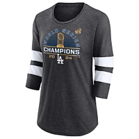 T-shirt à manches 3/4 en mélange de trois couleurs pour femmes Fanatics Heather Charcoal Los Angeles Dodgers Champions la Série mondiale 2024 Wild Pitch