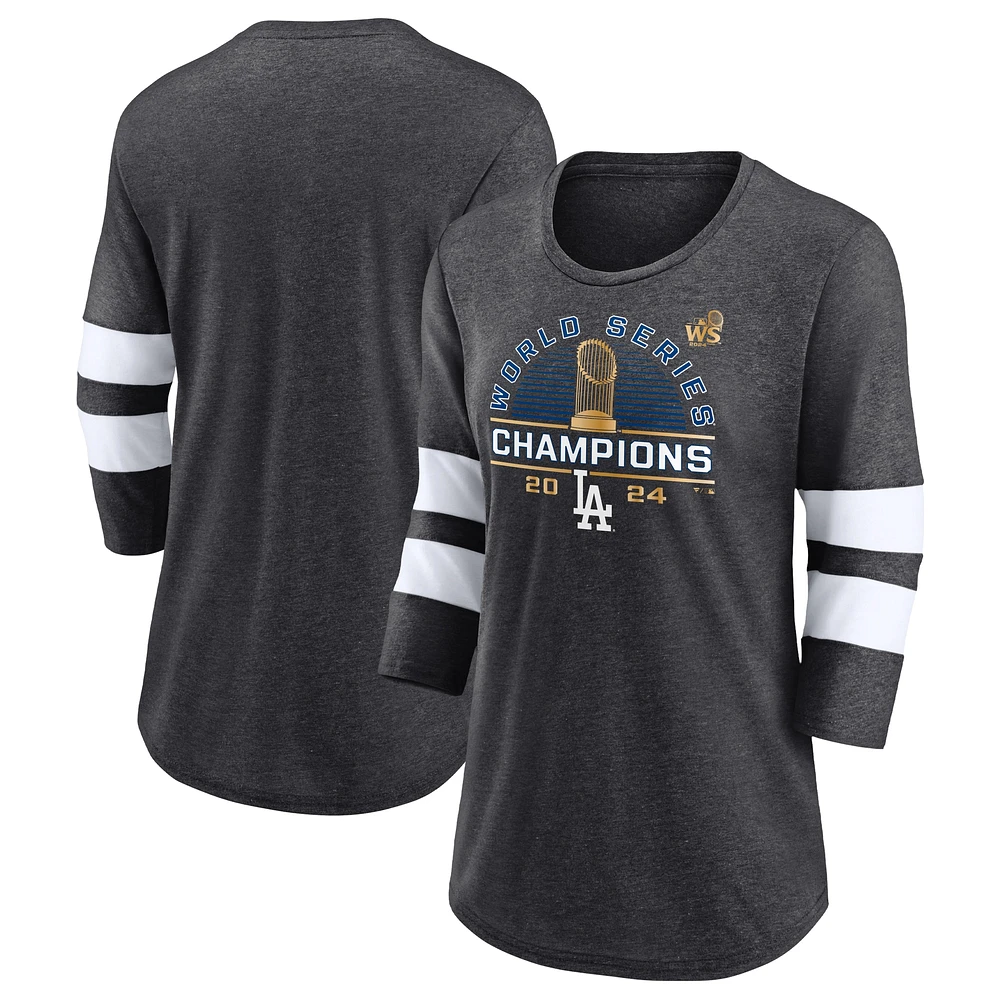 T-shirt à manches 3/4 en mélange de trois couleurs pour femmes Fanatics Heather Charcoal Los Angeles Dodgers Champions la Série mondiale 2024 Wild Pitch