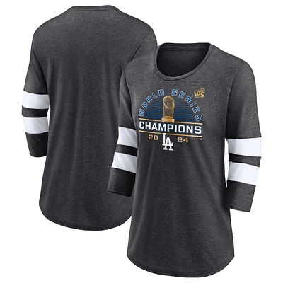 T-shirt à manches 3/4 en mélange de trois couleurs pour femmes Fanatics Heather Charcoal Los Angeles Dodgers Champions la Série mondiale 2024 Wild Pitch