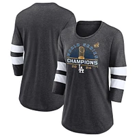 T-shirt à manches 3/4 en mélange de trois couleurs pour femmes Fanatics Heather Charcoal Los Angeles Dodgers Champions la Série mondiale 2024 Wild Pitch