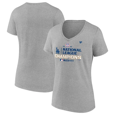 T-shirt à col en V pour femmes Fanatics Heather Gray Los Angeles Dodgers Champions de la Ligue nationale 2024