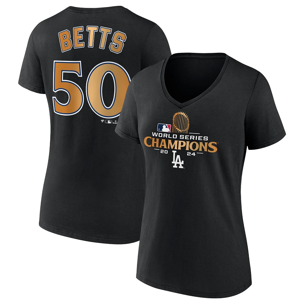 Women's Fanatics Mookie Betts Black Los Angeles Dodgers 2024 World Series Champions Name & Number V-Neck T-Shirt