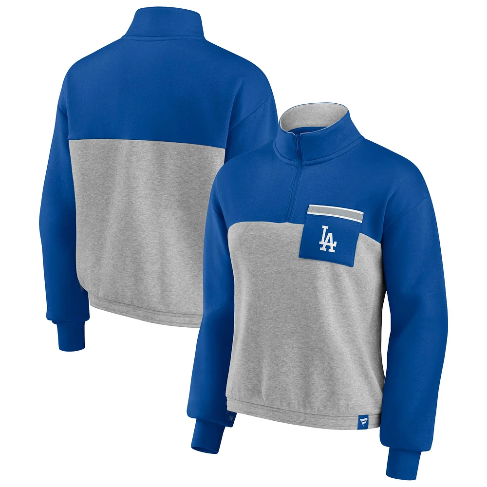 Women's Fanatics Royal/Heather Gray Los Angeles Dodgers Iconic Cinch Waist Quarter-Zip Top