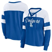 Women's Fanatics Royal/White Los Angeles Dodgers Even Match Lace-Up Long Sleeve V-Neck T-Shirt