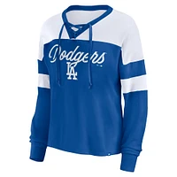 Women's Fanatics Royal/White Los Angeles Dodgers Even Match Lace-Up Long Sleeve V-Neck T-Shirt