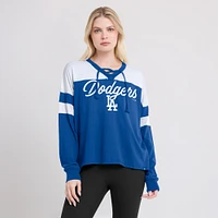 Women's Fanatics Royal/White Los Angeles Dodgers Even Match Lace-Up Long Sleeve V-Neck T-Shirt