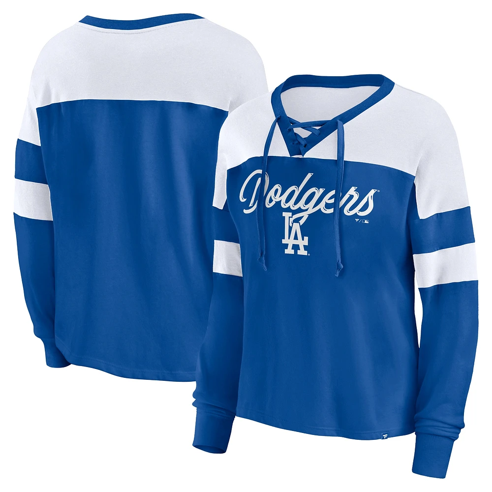 Women's Fanatics Royal/White Los Angeles Dodgers Even Match Lace-Up Long Sleeve V-Neck T-Shirt