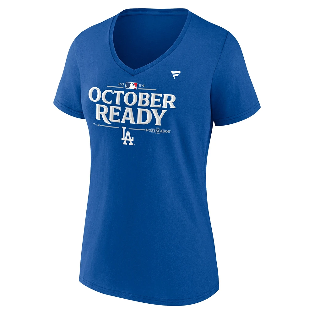 T-shirt à col en V pour femmes Fanatics Royal Los Angeles Dodgers 2024 MLB Postseason Locker Room