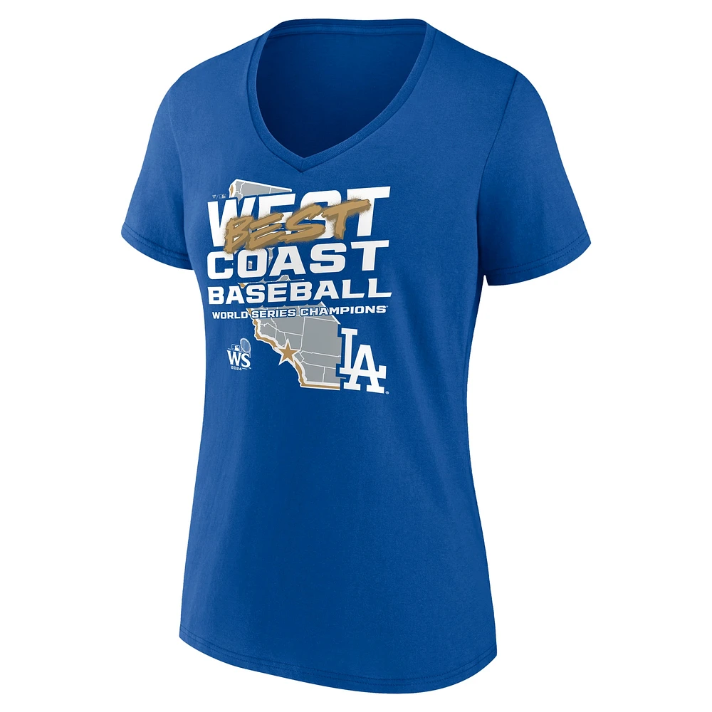 T-shirt à col en V Fanatics Royal Los Angeles Dodgers 2024 Champions de la Série mondiale Shut Out pour femmes