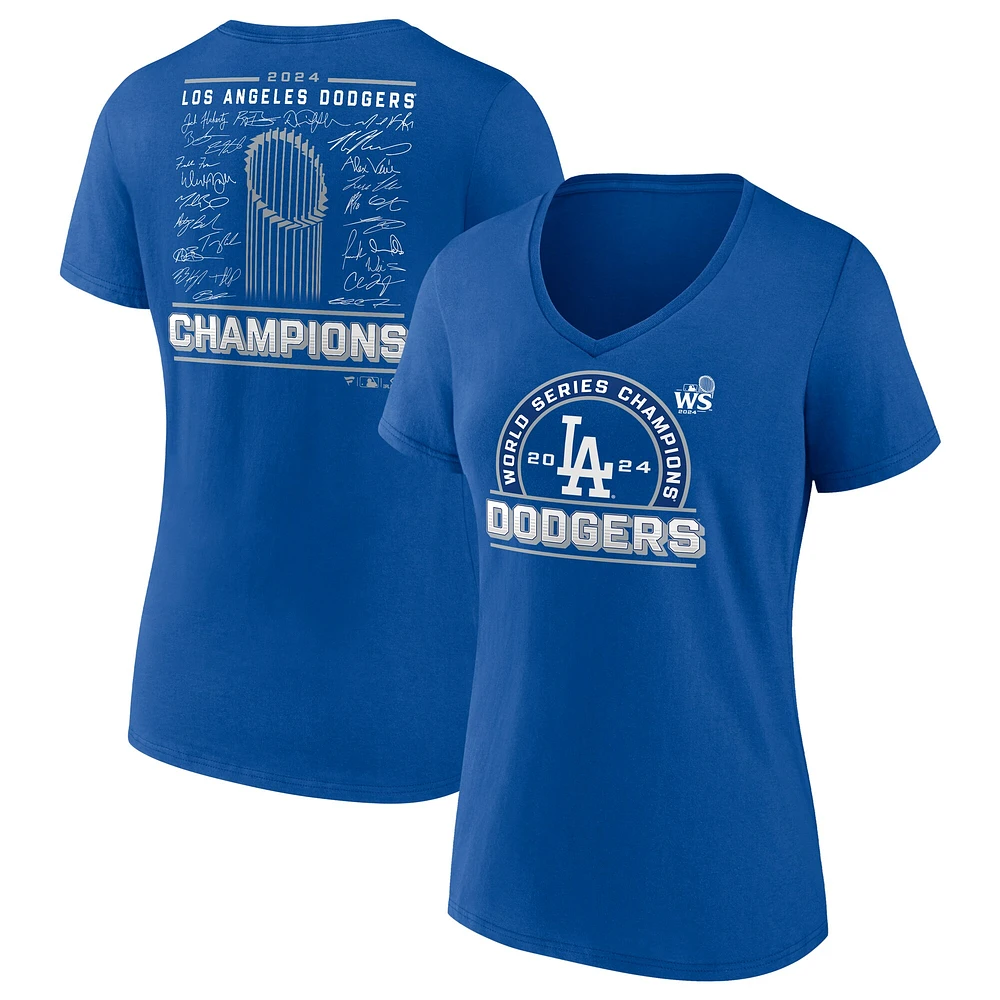 T-shirt à col en V pour femmes Fanatics Royal Los Angeles Dodgers Signature Roster, champion de la série mondiale 2024