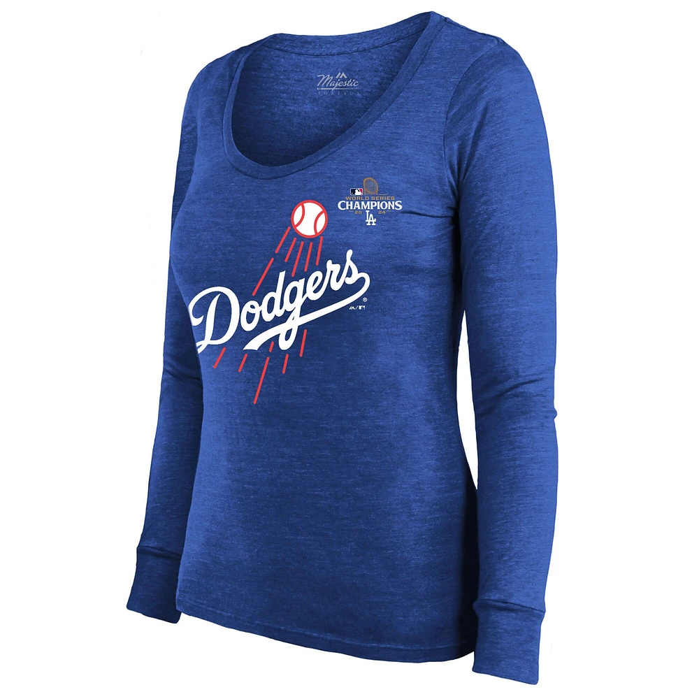 T-shirt à manches longues et col rond pour femme Majestic Threads Freddie Freeman Royal Los Angeles Dodgers 2024 World Series Champions Name & Number Tri-Blend