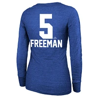 T-shirt à manches longues et col rond pour femme Majestic Threads Freddie Freeman Royal Los Angeles Dodgers 2024 World Series Champions Name & Number Tri-Blend