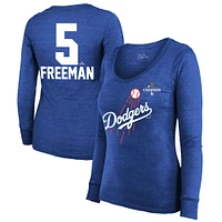 T-shirt à manches longues et col rond pour femme Majestic Threads Freddie Freeman Royal Los Angeles Dodgers 2024 World Series Champions Name & Number Tri-Blend