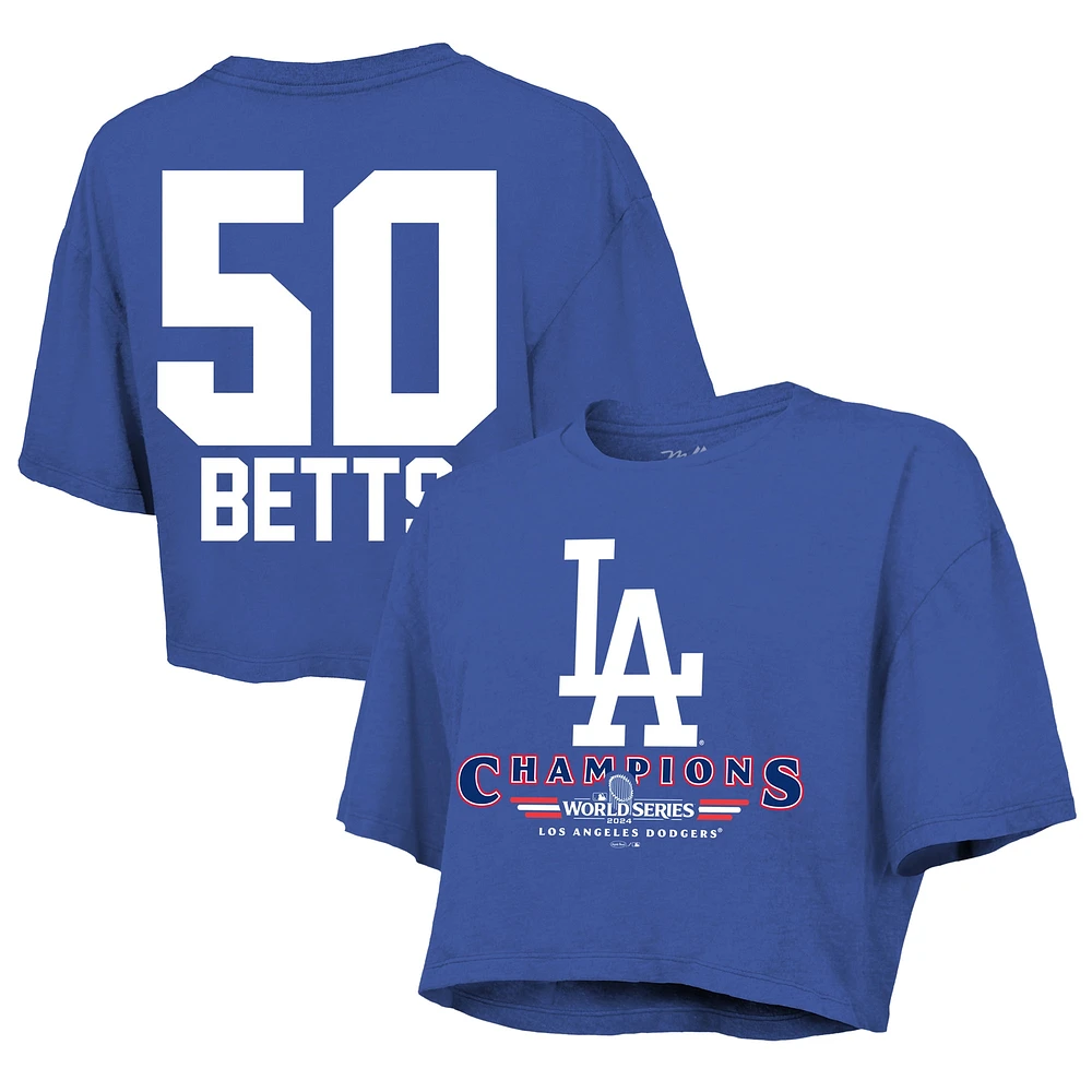 T-shirt court et ample Majestic Threads Mookie Betts Royal Los Angeles Dodgers Champions de la Série mondiale 2024 avec nom numéro pour femme