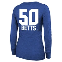 T-shirt à manches longues et col rond Majestic Threads Mookie Betts Royal Los Angeles Dodgers Champions de la Série mondiale 2024 avec nom numéro pour femme