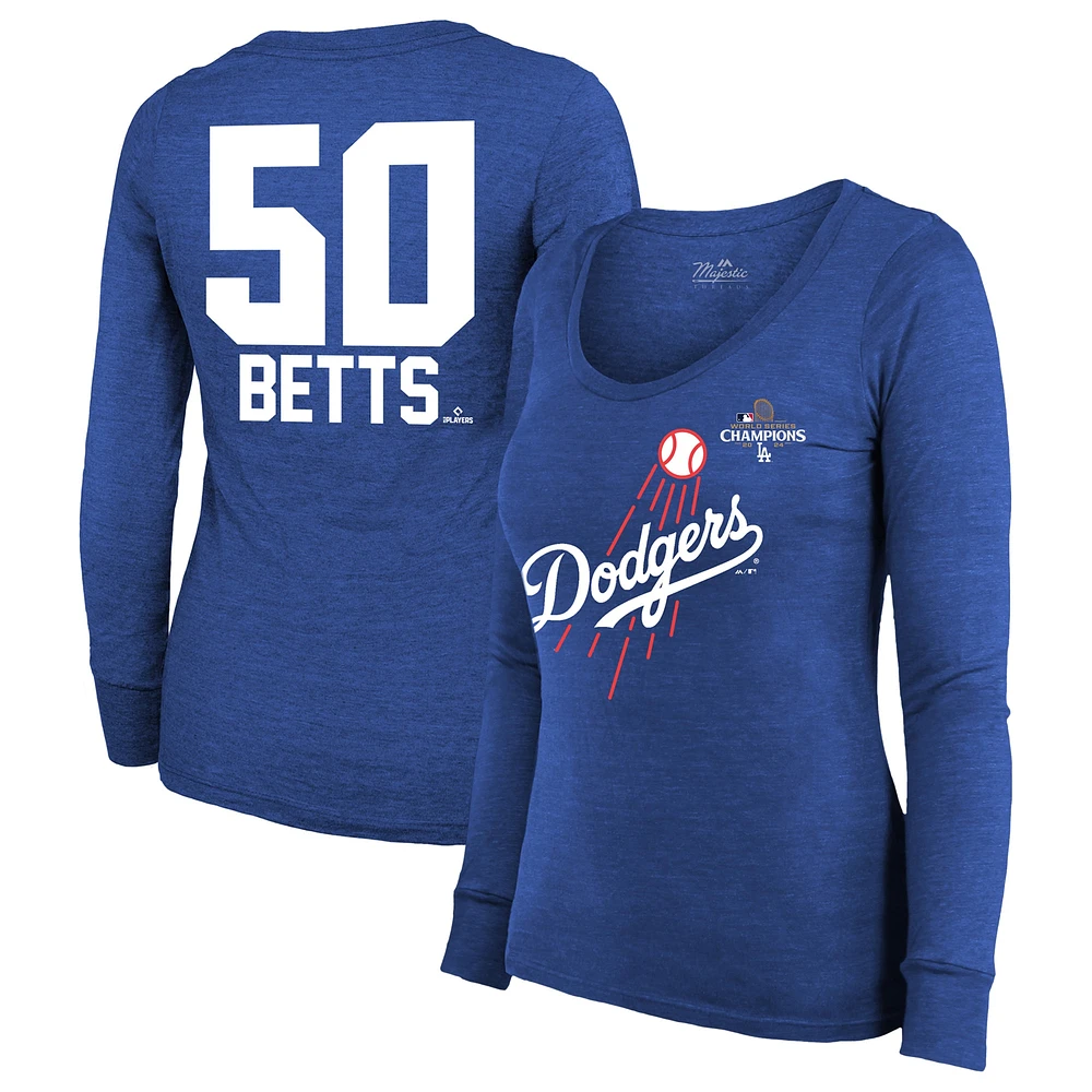 T-shirt à manches longues et col rond Majestic Threads Mookie Betts Royal Los Angeles Dodgers Champions de la Série mondiale 2024 avec nom numéro pour femme