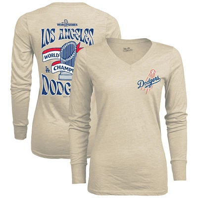 T-shirt à manches longues et col en V pour femme Majestic Threads Oatmeal Los Angeles Dodgers Champions de la Série mondiale 2024 Tri-Blend