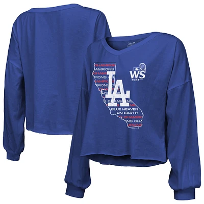 T-shirt à manches longues et épaules dénudées pour femme Majestic Threads Royal Los Angeles Dodgers 2024 World Series Champions