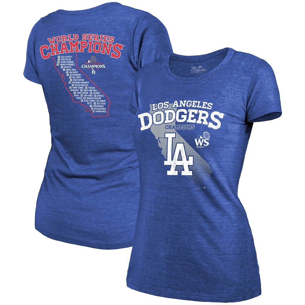 T-shirt à trois mélanges pour femme Majestic Threads Royal Los Angeles Dodgers Champions de la série mondiale 2024