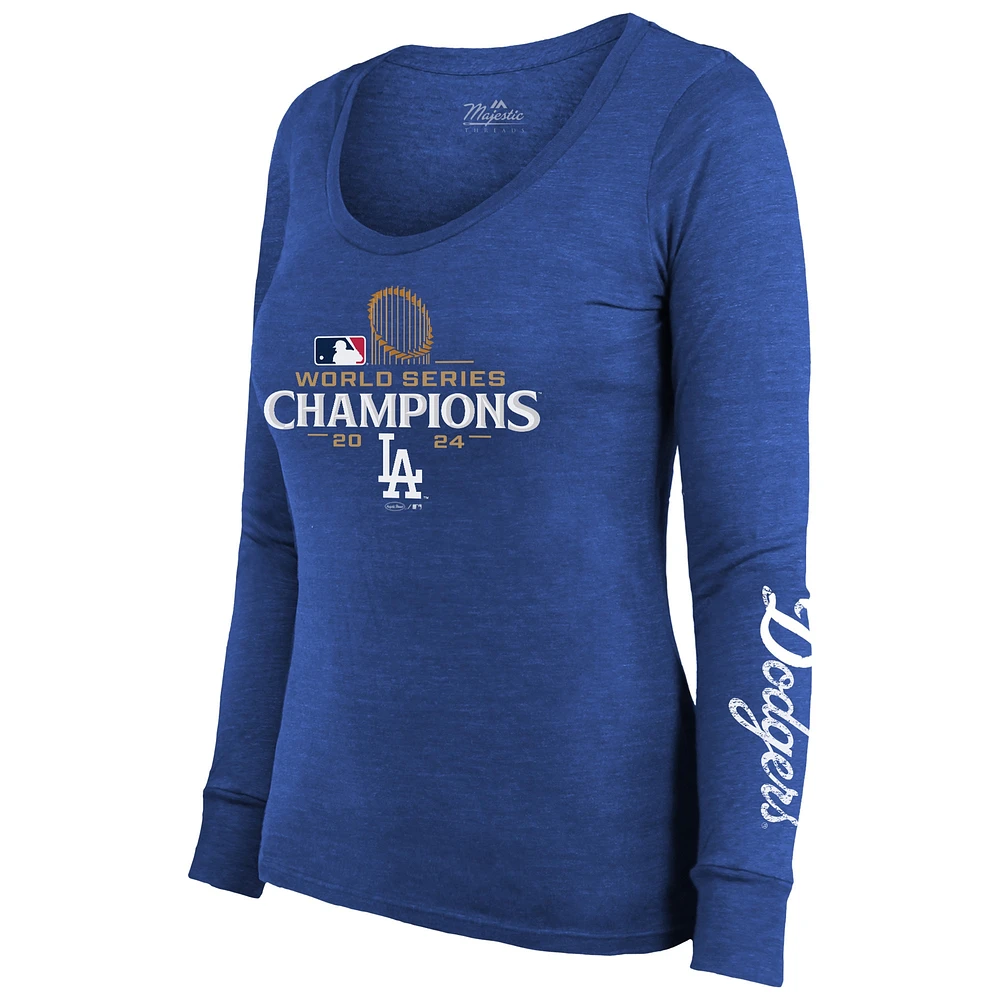 Women's Majestic Threads Royal Los Angeles Dodgers 2024 World Series Champions Tri-Blend Scoop Neck Long Sleeve T-Shirt