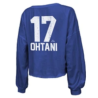 Women's Majestic Threads Shohei Ohtani Royal Los Angeles Dodgers 2024 World Series Off Shoulder Cropped Name & Number Long Sleeve V-Neck T-Shirt