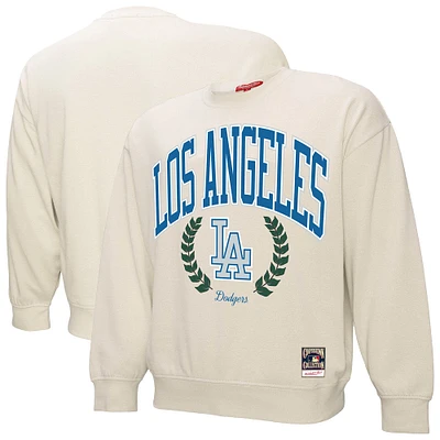 Women's Mitchell & Ness Cream Los Angeles Dodgers Cooperstown Collection Laurel Crew Pullover Sweatshirt