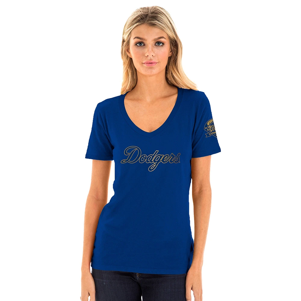 T-shirt col V New Era Royal Los Angeles Dodgers 2025 Gold Collection pour femme
