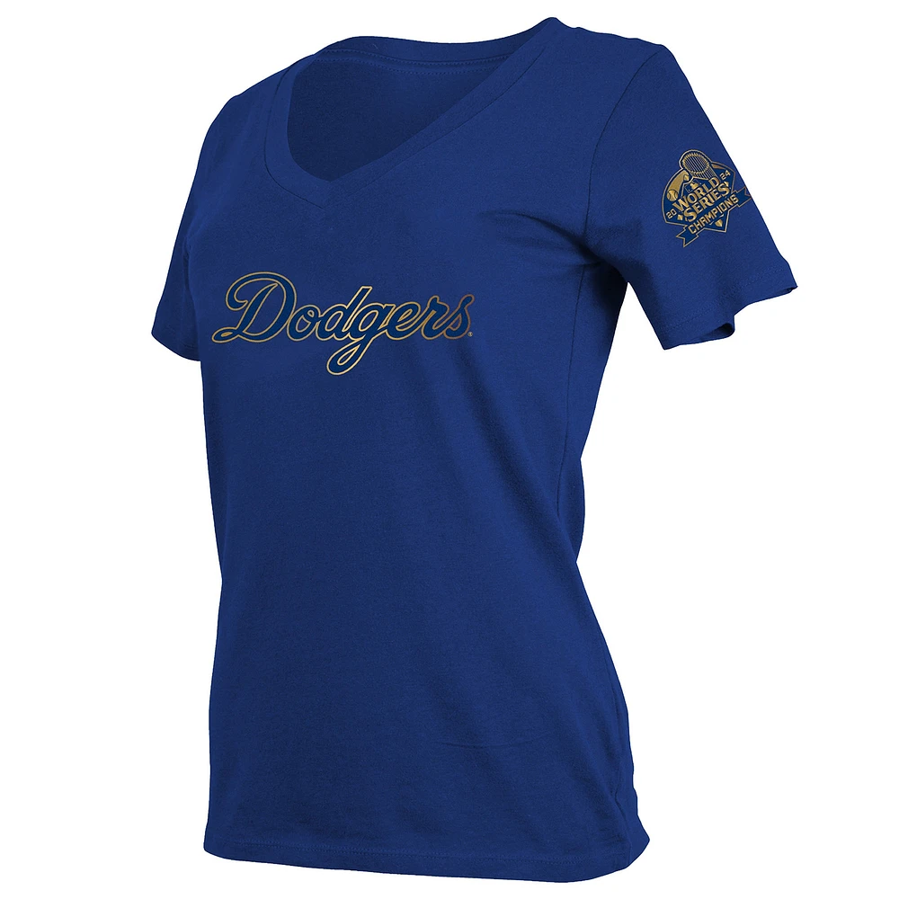 T-shirt col V New Era Royal Los Angeles Dodgers 2025 Gold Collection pour femme