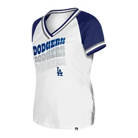 T-shirt blanc à col en V raglan double reliure jersey New Era des Dodgers de Los Angeles pour femme