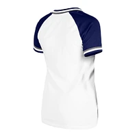 T-shirt blanc à col en V raglan double reliure jersey New Era des Dodgers de Los Angeles pour femme