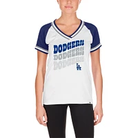 T-shirt blanc à col en V raglan double reliure jersey New Era des Dodgers de Los Angeles pour femme