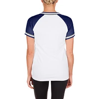 T-shirt blanc à col en V raglan double reliure jersey New Era des Dodgers de Los Angeles pour femme