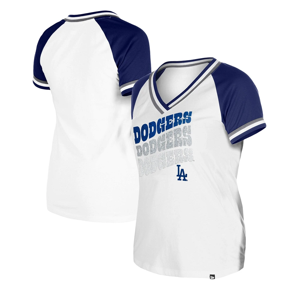 T-shirt blanc à col en V raglan double reliure jersey New Era des Dodgers de Los Angeles pour femme